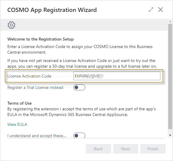 COSMO App Registration Wizard with Activation Code