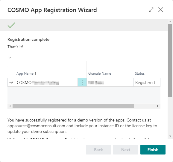 COSMO App Registration Wizard Finished