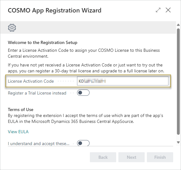 COSMO App Registration Wizard with Activation Code