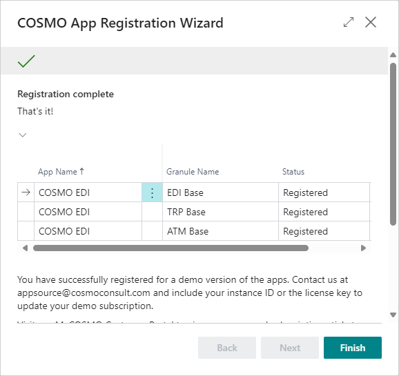 COSMO App Registration Wizard Finished