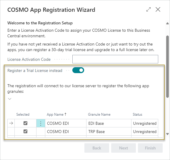 COSMO App Registration Wizard with Trial License