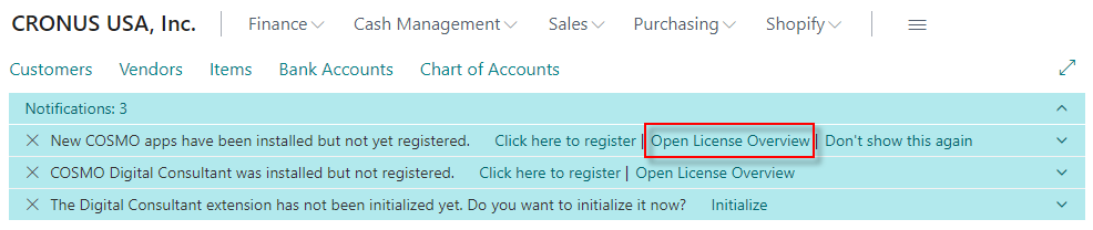 Notification bar with apps to register