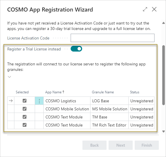 COSMO App Registration Wizard with Trial License