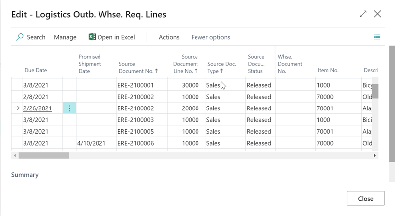 Logistics Outb. Whse. Req. Lines