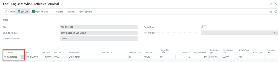 Logistics Whse. Activities Terminal Status