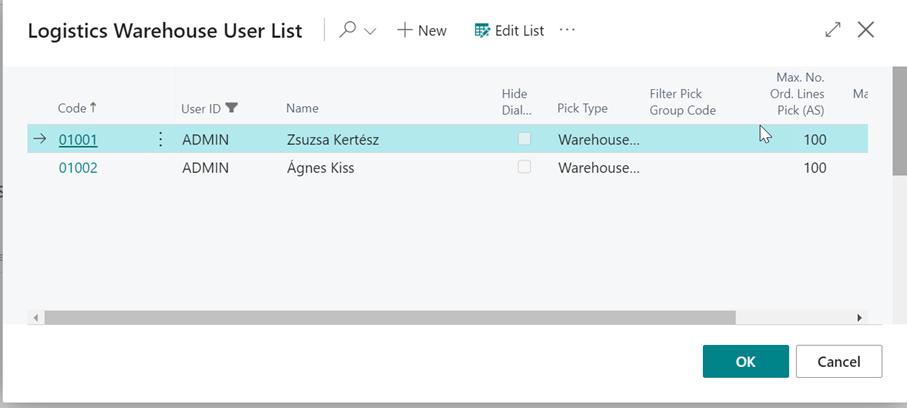 Logistics Warehouse User List