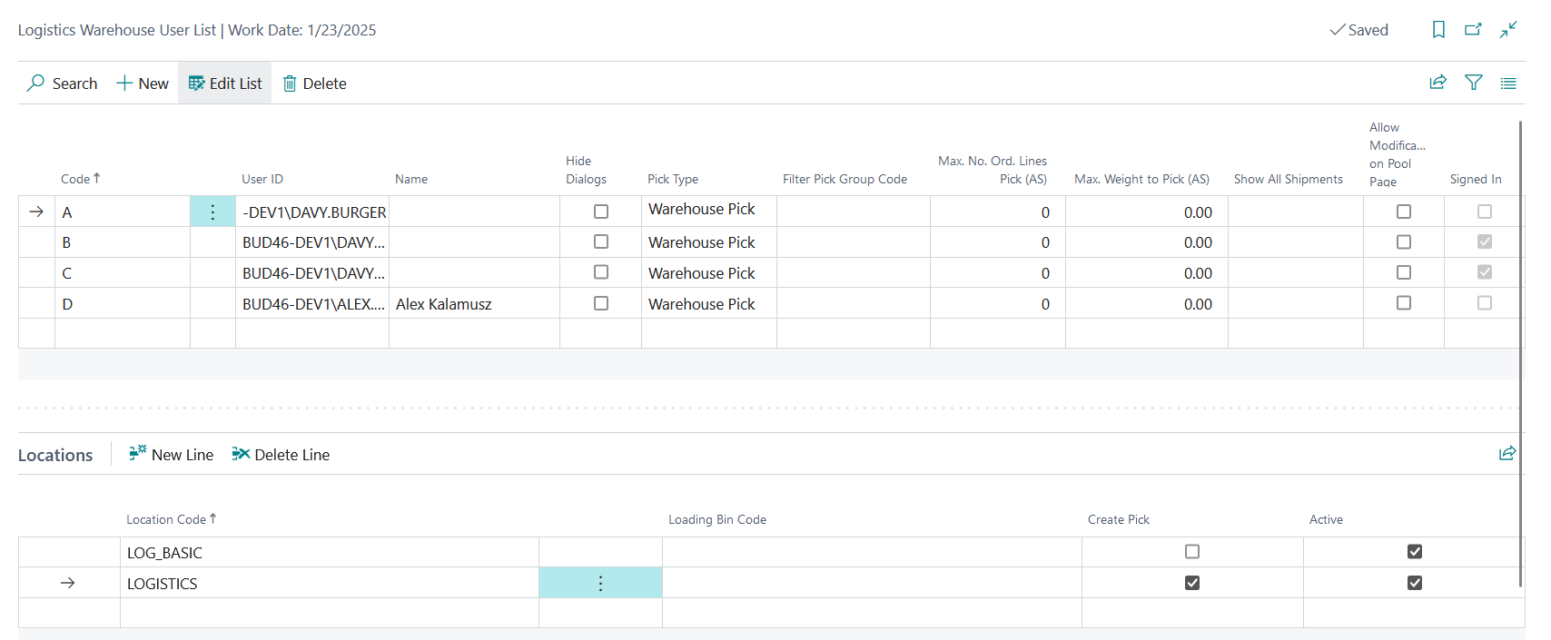 Logistics Warehouse User List