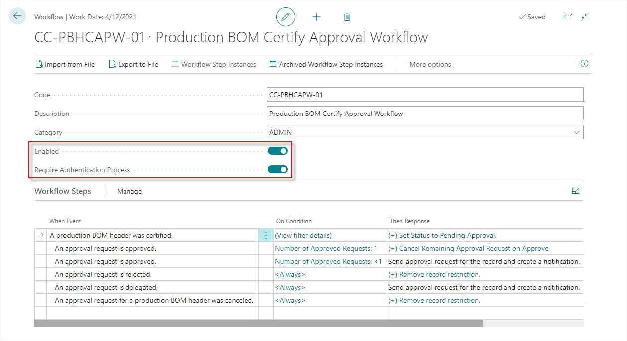 Set Authentication and Enable Workflow