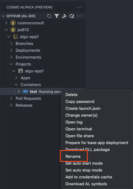 Rename Container | COSMO Alpaca