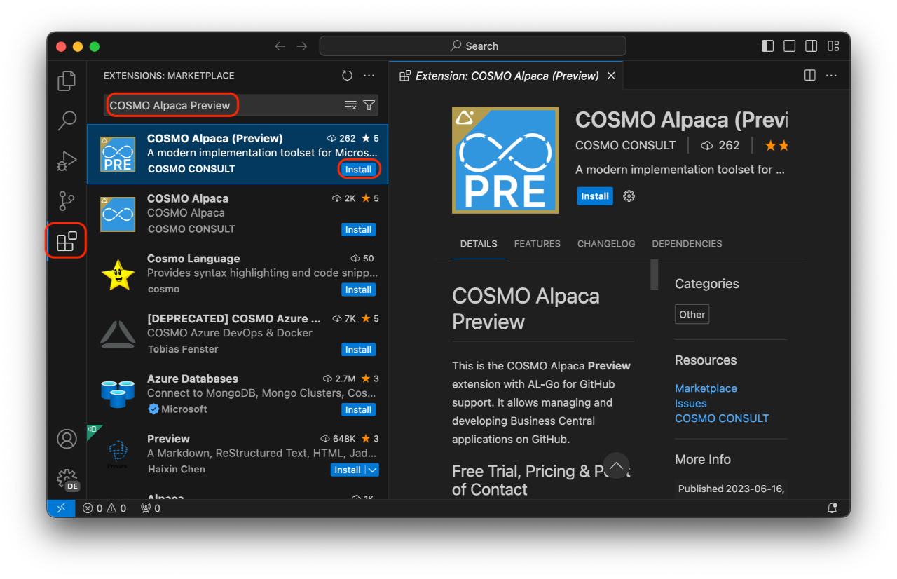 Preview Extension Installation