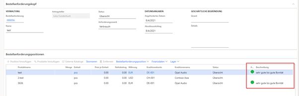 Details zur Bestellanforderung
