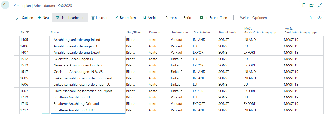 Einrichtung Buchungsgruppen an Sachkonten