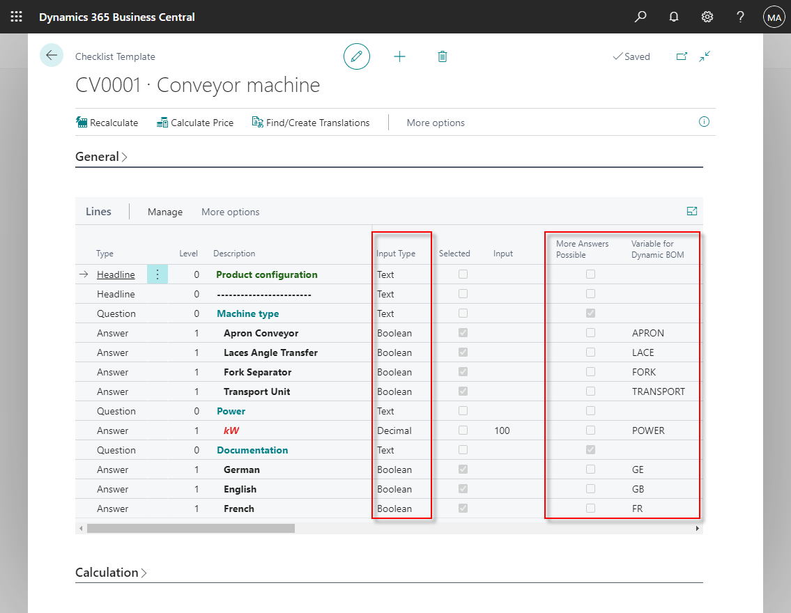 Checklist Template, Lines FastTab Checklist Template Lines