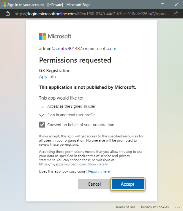 Accept consent to give permission to sign in to the GX Registration app