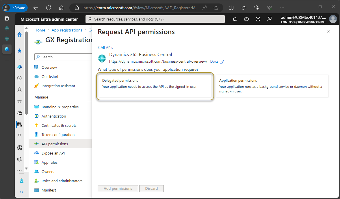 Assign delegated permissions to the application