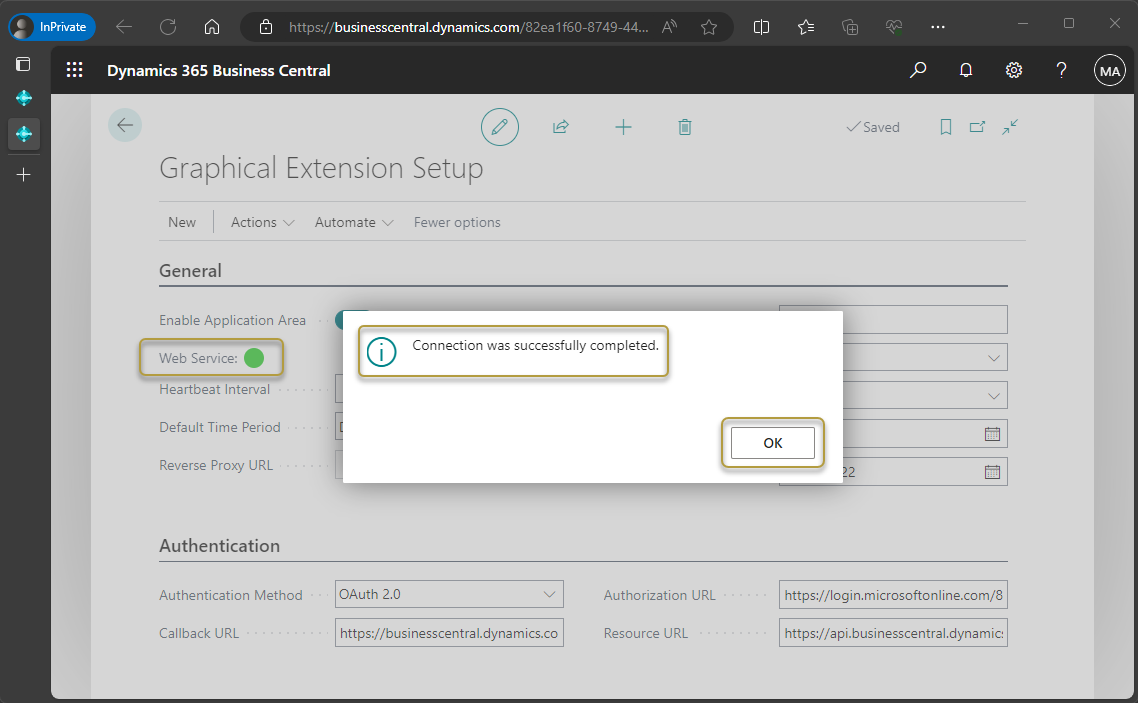 Successful OAuth 2.0 authentication setup