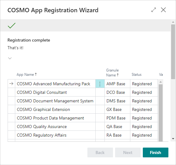 COSMO App Registration Wizard Finished