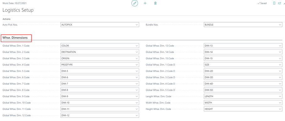 Logistics warehouse dimension setup