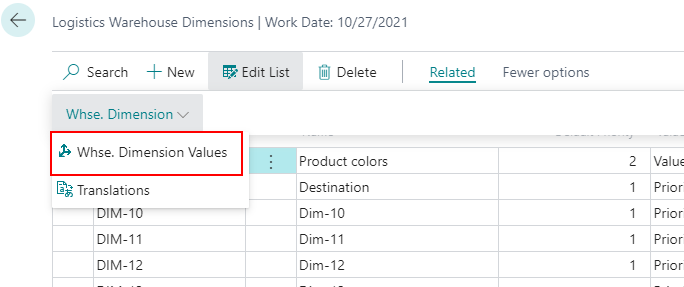 Logistics warehouse dimension values