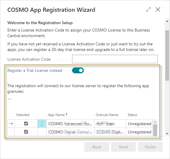 COSMO App Registration Wizard with Trial License