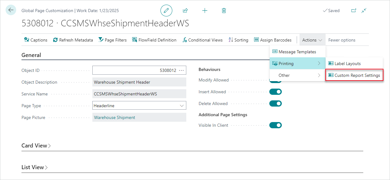Open Custom Report Settings page WhseShipmentCustomization2