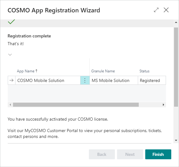 COSMO App Registration Wizard with app COSMO App Registration Wizard