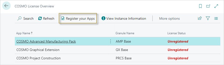 COSMO License Overview with app COSMO License Overview