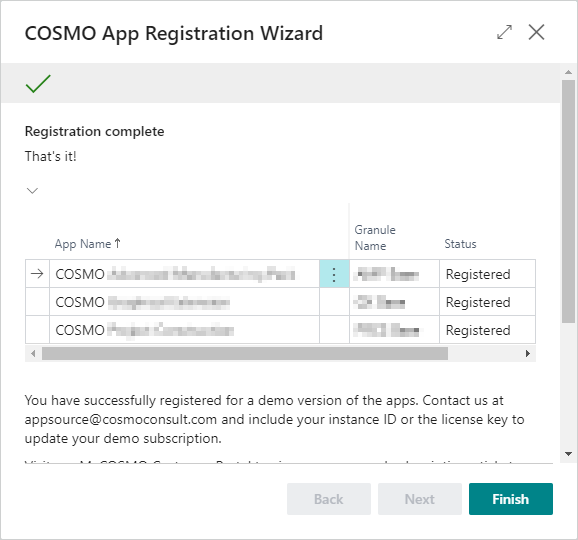 COSMO App Registration Wizard with app COSMO App Registration Wizard