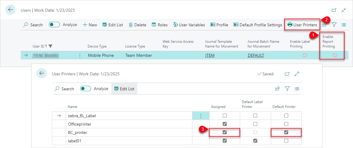 User print setup User settings page