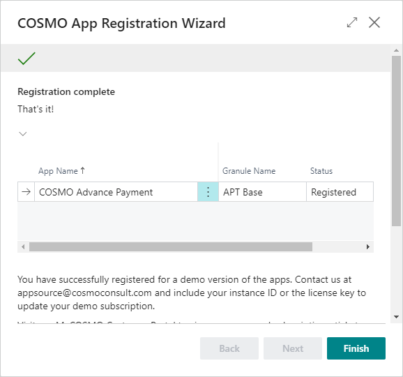 COSMO App Registration Wizard with app COSMO App Registration Wizard