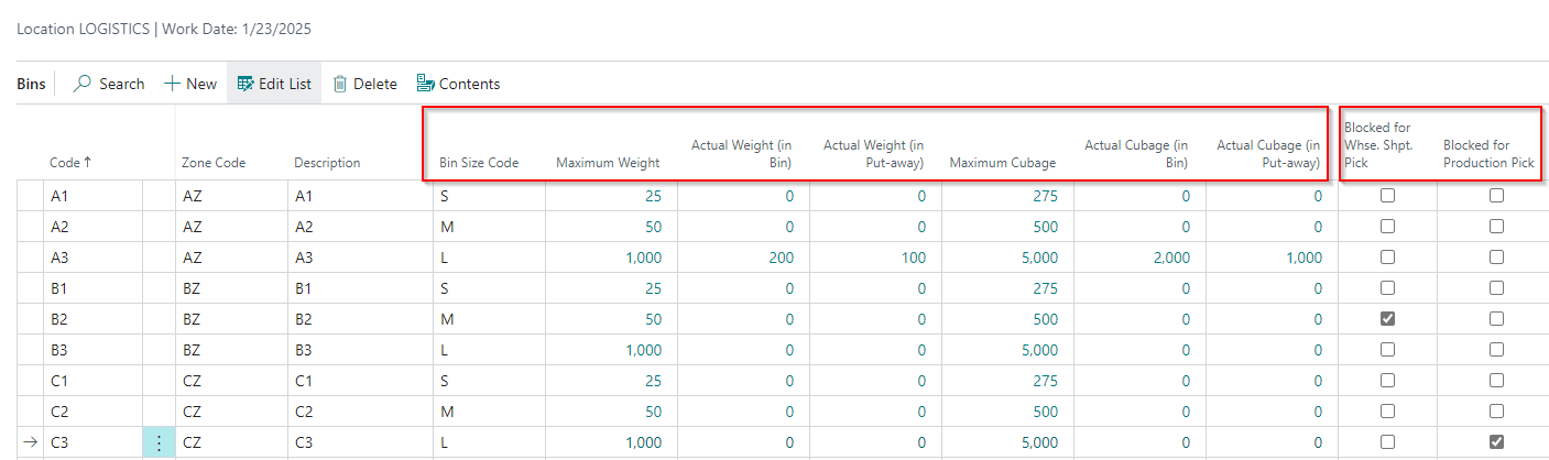 LOG setup fields for Bins LOG setup for Bins
