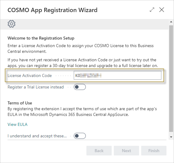 COSMO App Registration Wizard with Activation Code