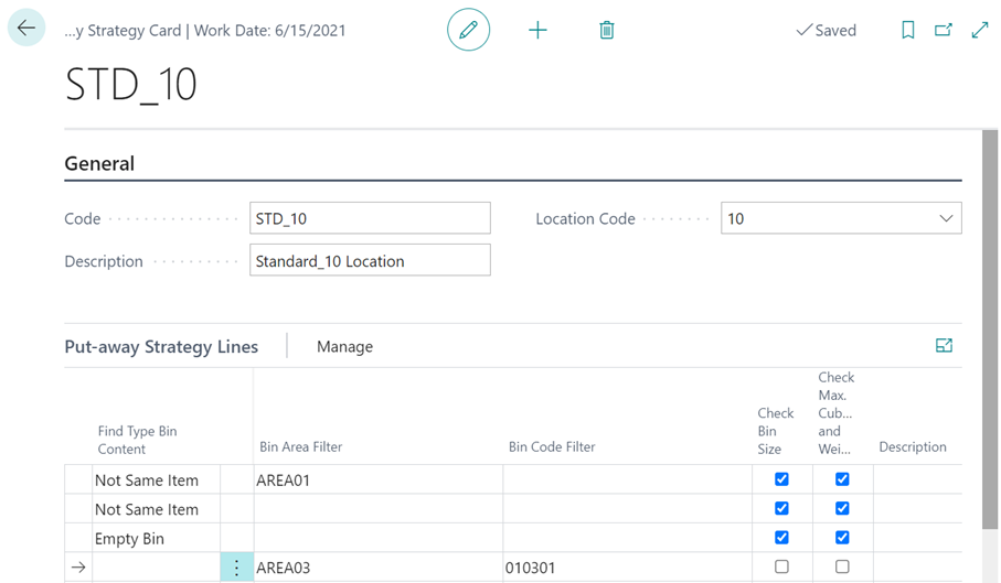 Put-away strategy card