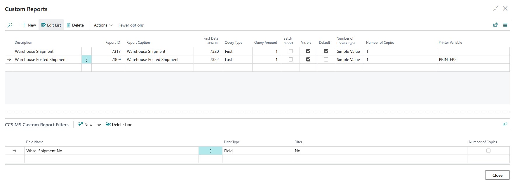 Custom report settings for Posted Warehouse Shipment report CustomReportOverview