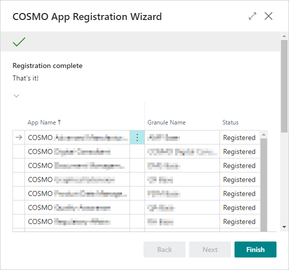 COSMO App Registration Wizard with app successfully registered COSMO App Registration Wizard Finished