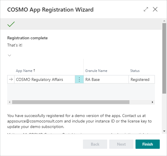 COSMO App Registration Wizard with app successfully registered COSMO App Registration Wizard Finished