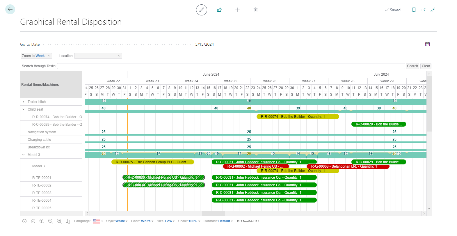 Graphical Rental Disposition with different rental documents and colors: green = contract, yellow = reservation, red = quote, work date = orange (June 1st), and white slashes on released contract Graphical Rental Disposition
