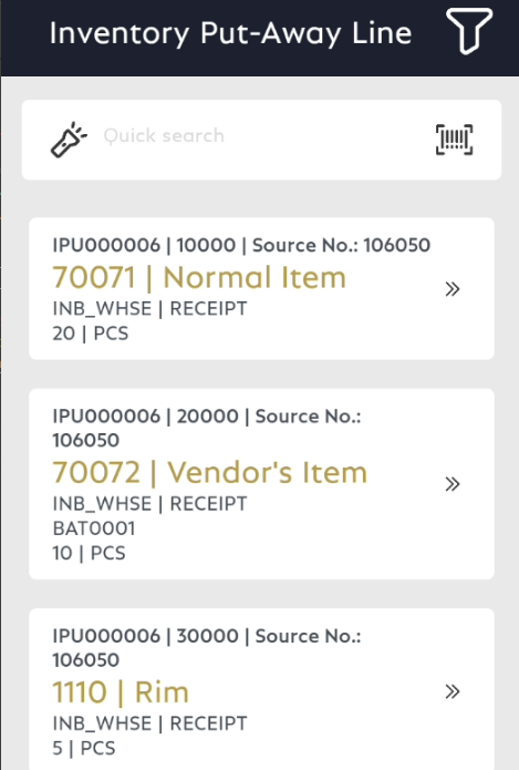 Inventory Put-away List