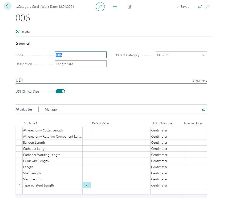Item Category Card for UDI Clinical Sizes Category Item Category Card for UDI Clinical Sizes Category