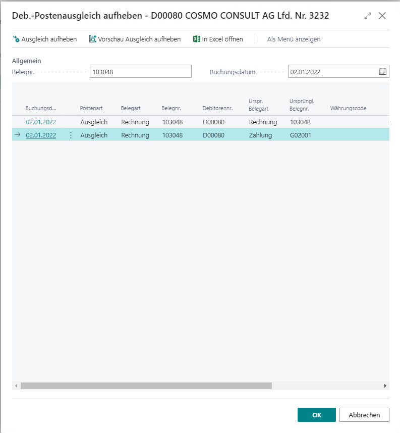Seite Ausgleich aufheben (Schlussrechnung und Verrechnung) Seite Ausgleich aufheben (Schlussrechnung und Verrechnung)