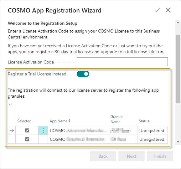 COSMO App Registration Wizard with Trial License