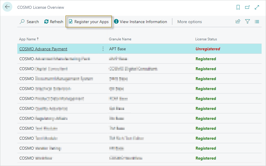 COSMO License Overview with app COSMO License Overview