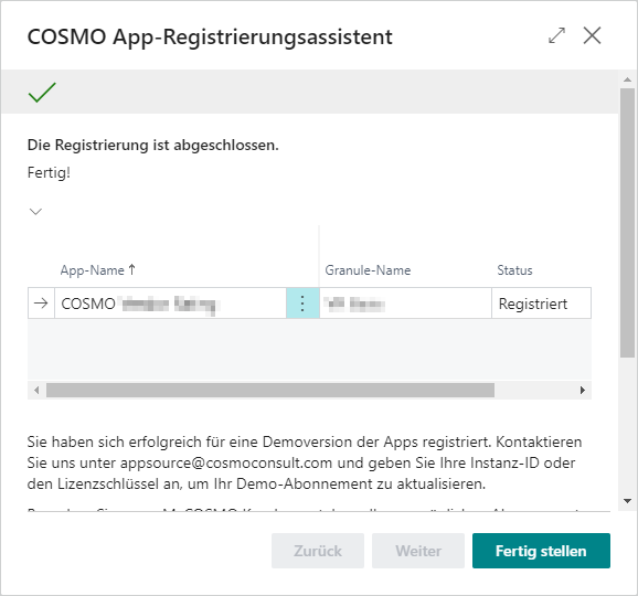 COSMO App-Registrierungsassistent mit App erfolgreich registriert COSMO App-Registrierungsassistent beendet