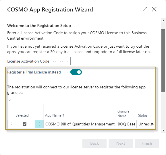 COSMO App Registration Wizard with Trial License