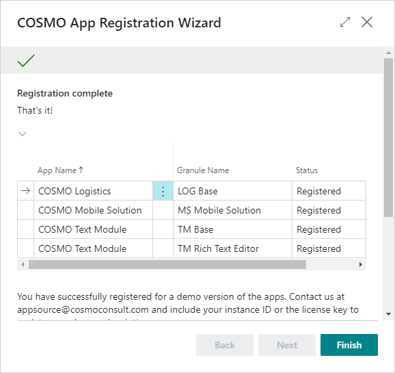 COSMO App Registration Wizard Finished