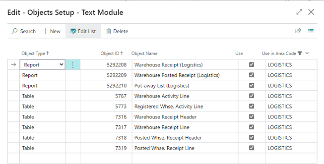 Text Module Logistics objects