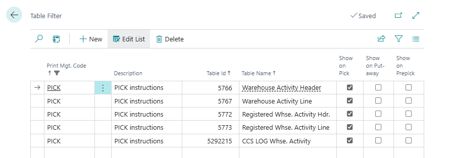 Table filter for warehouse activity