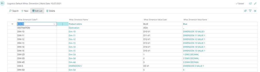 Item warehouse dimension values