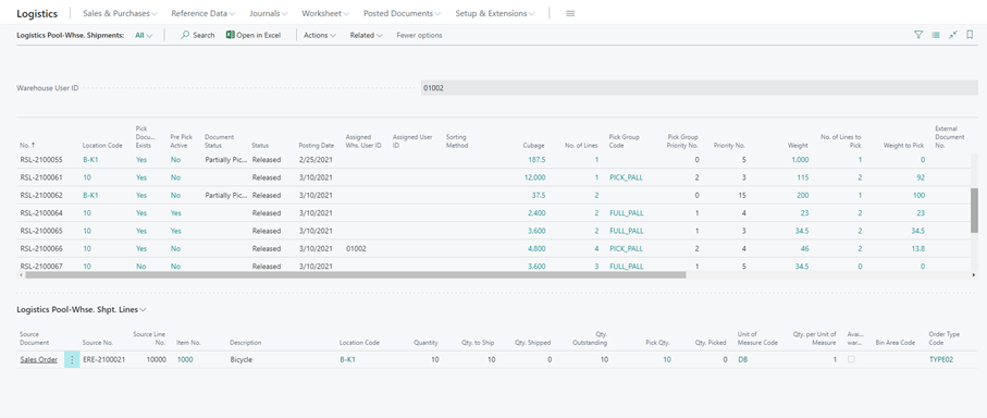 Logistics Pool-Whse. Shipments page