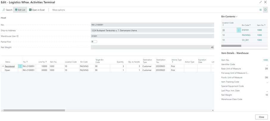 Warehouse Activities Terminal page | Logistics